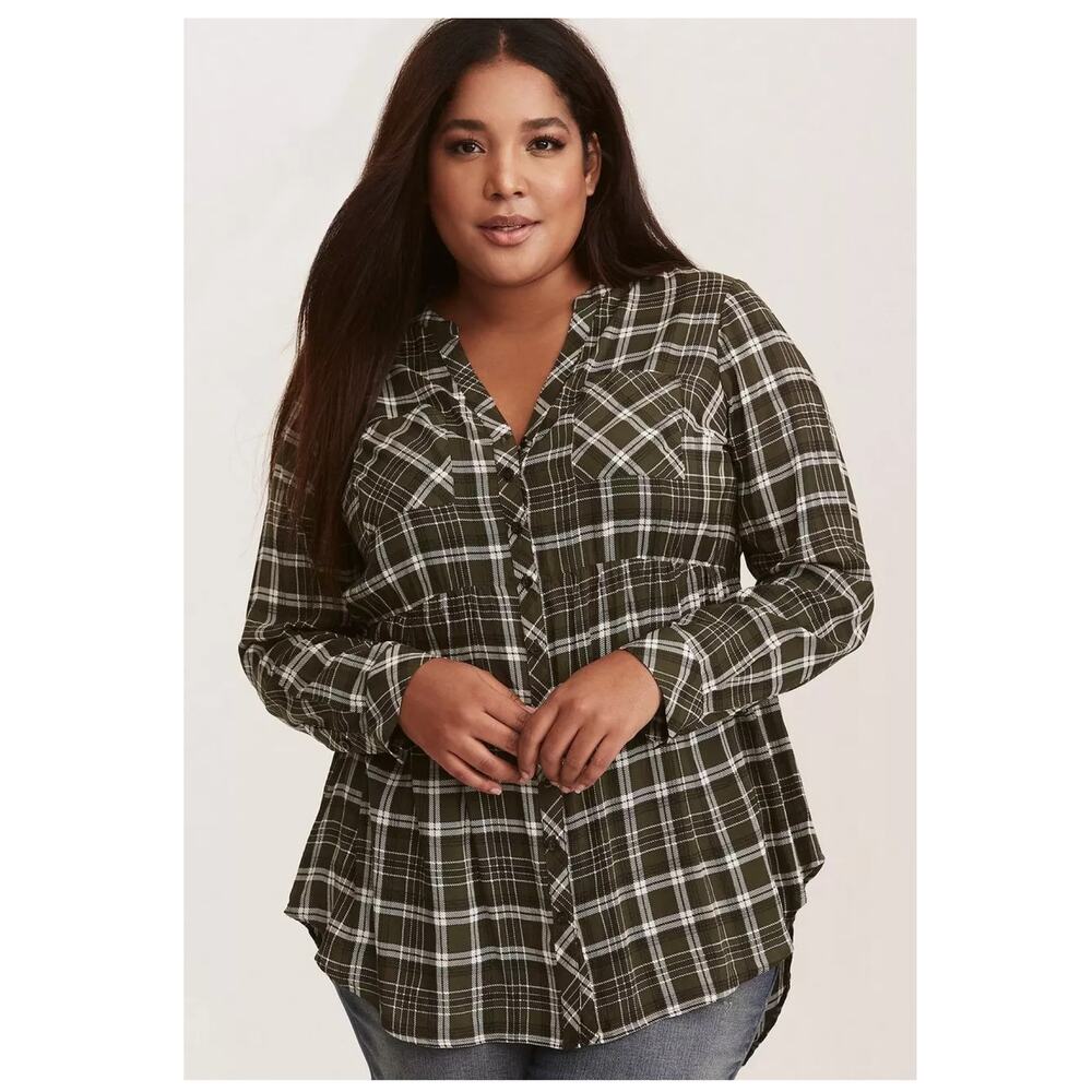 Torrid Green&White Plaid Emma Babydoll Challis Button Front Tunic Sz.3